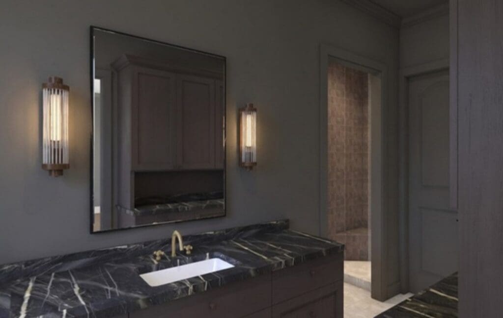 3D rendering of a moody primary bath in a Meadowlakes remodel, with bronze walls and a black quartzite vanity