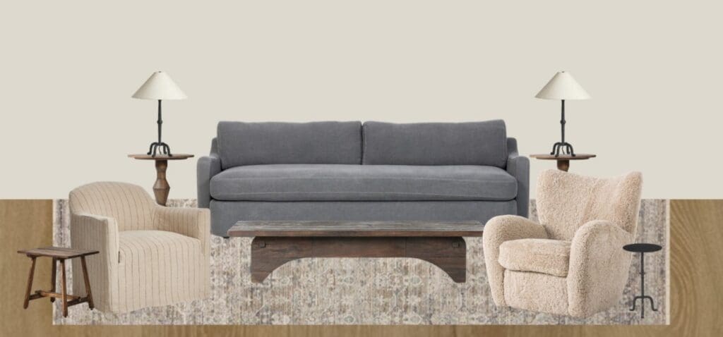 Meadowlakes living room concept board with a gray slipcovered sofa, striped and shearling chairs, iron lamps and a vintage-style rug