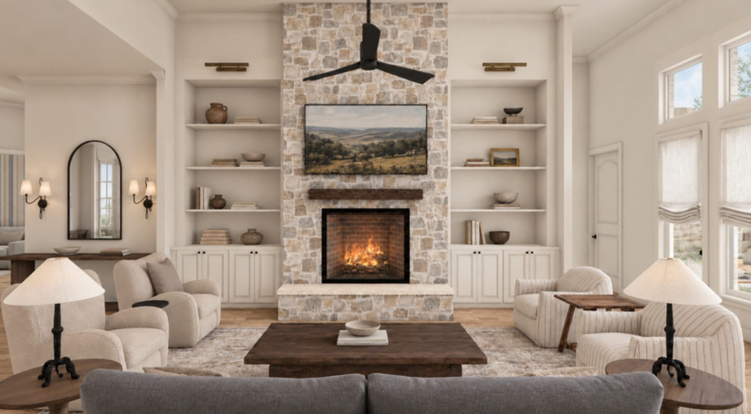 3D rendering of a Meadowlakes Hill Country remodel living room with a stone fireplace flanked by built-in shelves